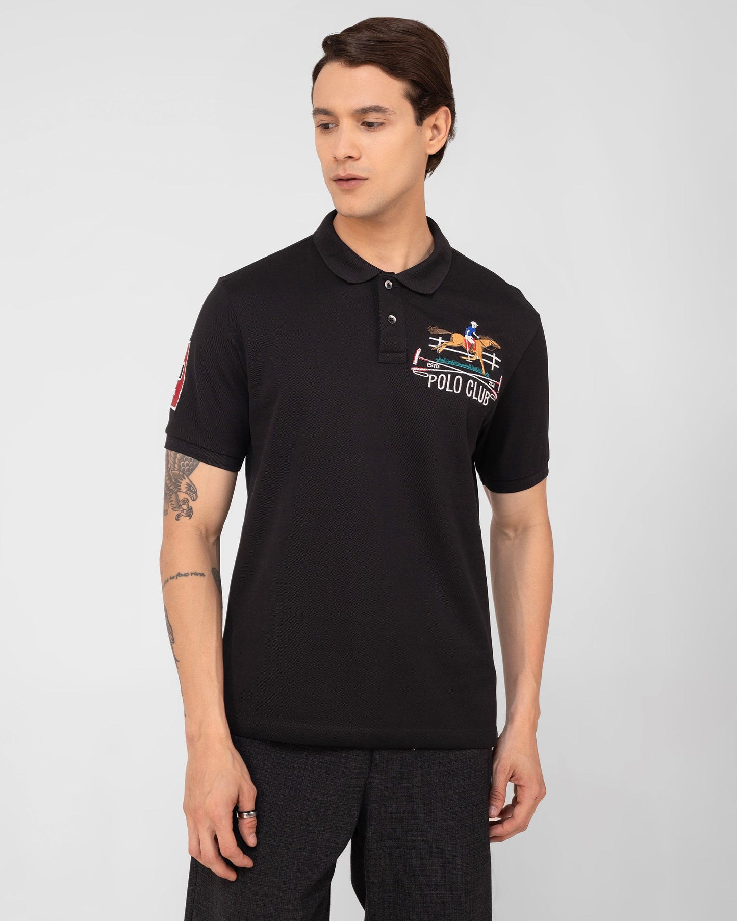 Mercerised Cotton Polo Shirt Pique Regular Fit Black Cantermark Emblem