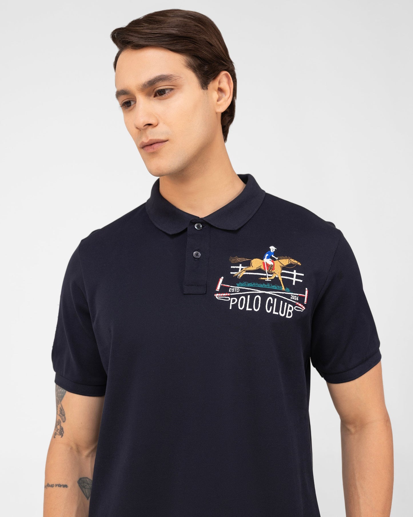 Mercerised Cotton Polo Shirt Pique Regular Fit Navy Cantermark Emblem