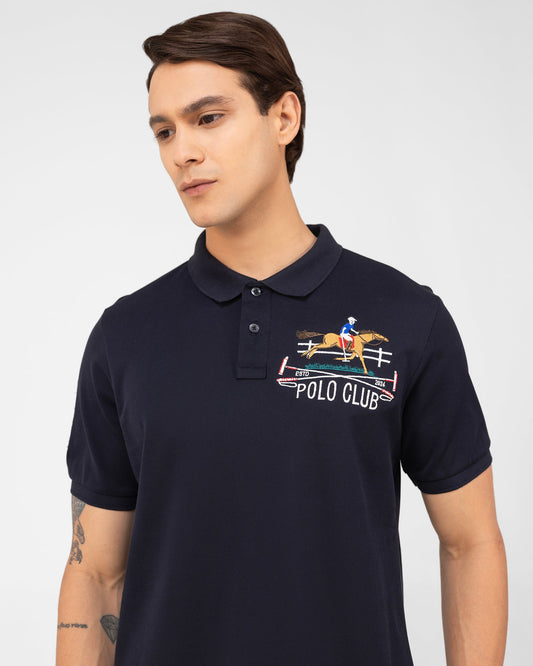 Mercerised Cotton Polo Shirt Pique Regular Fit Navy Cantermark Emblem