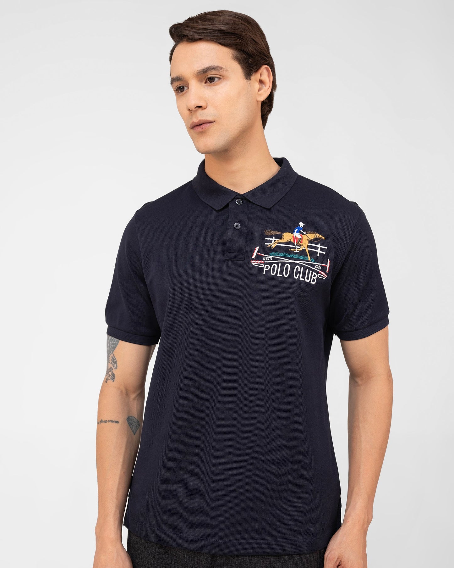 Mercerised Cotton Polo Shirt Pique Regular Fit Navy Cantermark Emblem