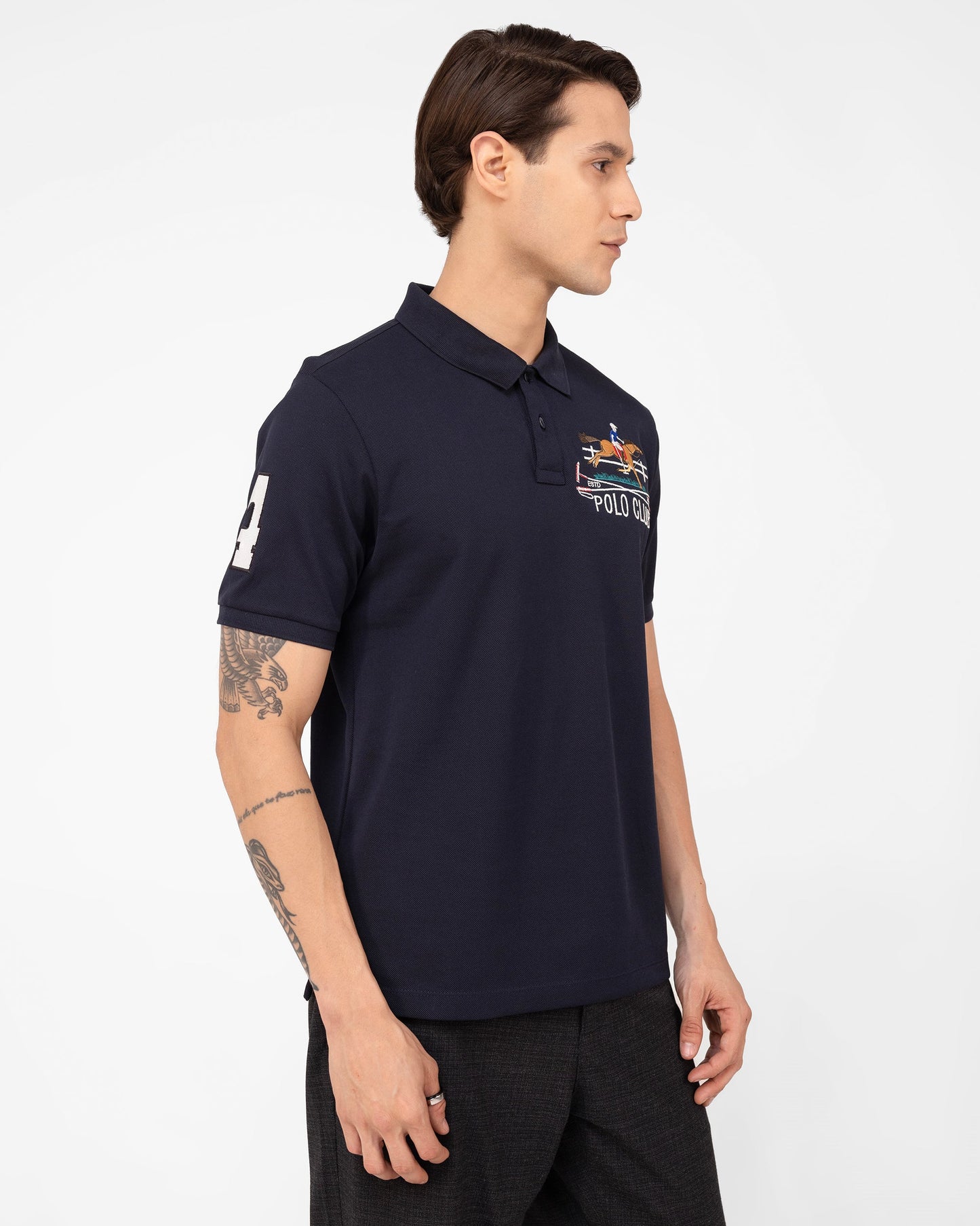Mercerised Cotton Polo Shirt Pique Regular Fit Navy Cantermark Emblem