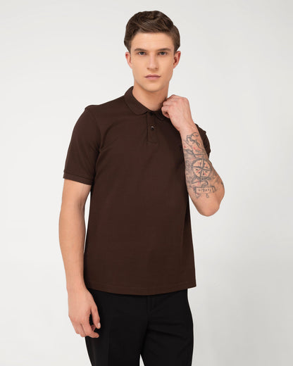 Mercerised Cotton Polo Shirt Pique Regular Fit Brown