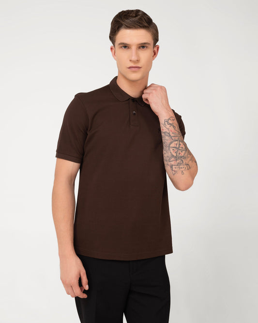 Mercerised Cotton Polo Shirt Pique Regular Fit Brown