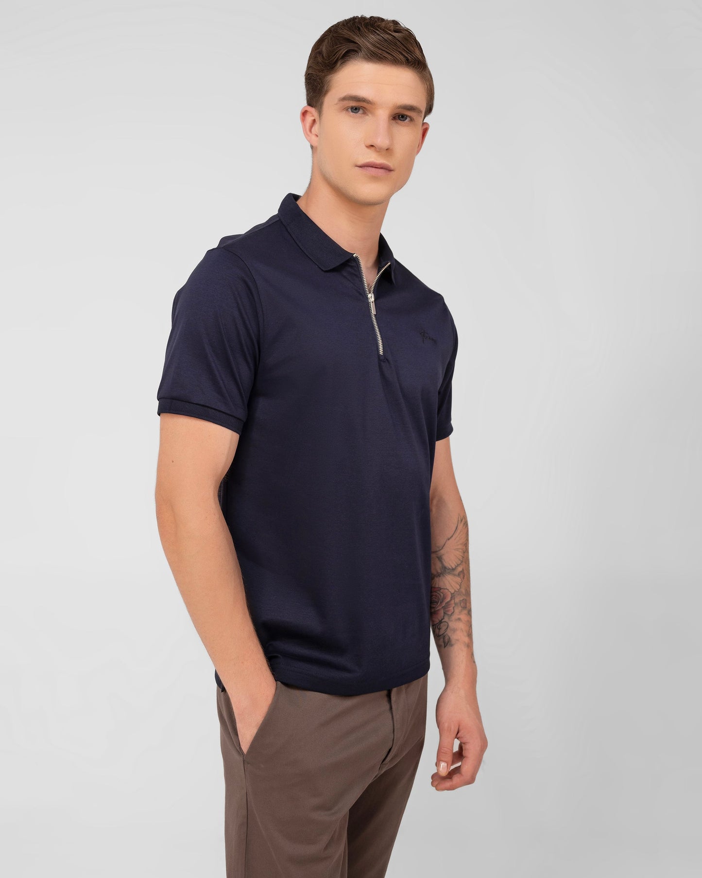 Mercerised Cotton Zipper Polo Regular Fit Navy