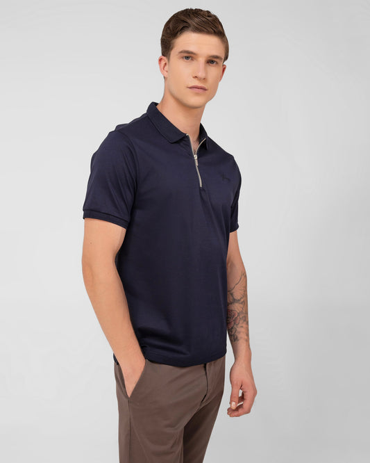 Mercerised Cotton Zipper Polo Regular Fit Navy