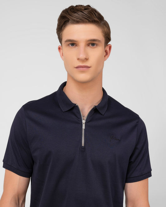 Mercerised Cotton Zipper Polo Regular Fit Navy