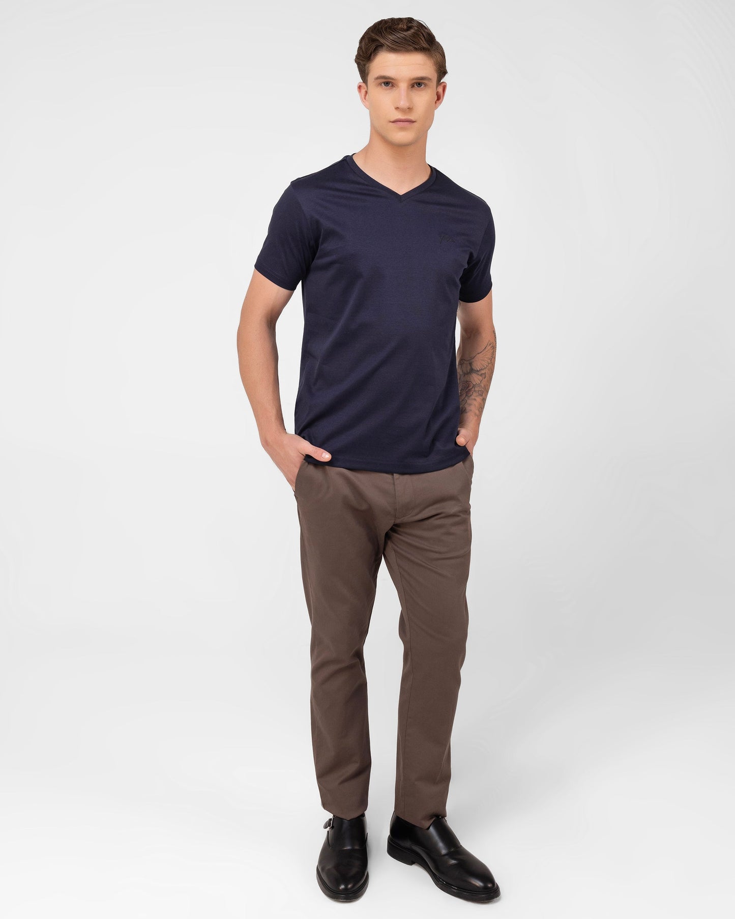 Mercerised Cotton V Neck T Shirt Interlock Regular Fit Navy