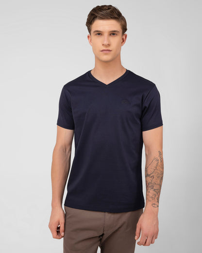 Mercerised Cotton V Neck T Shirt Interlock Regular Fit Navy