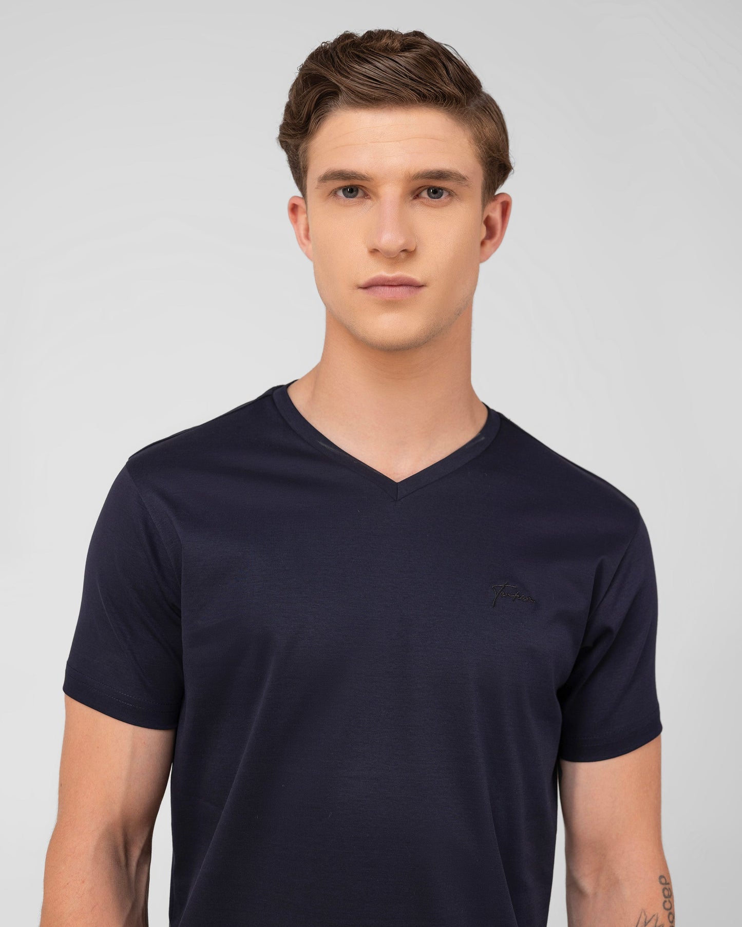 Mercerised Cotton V Neck T Shirt Interlock Regular Fit Navy