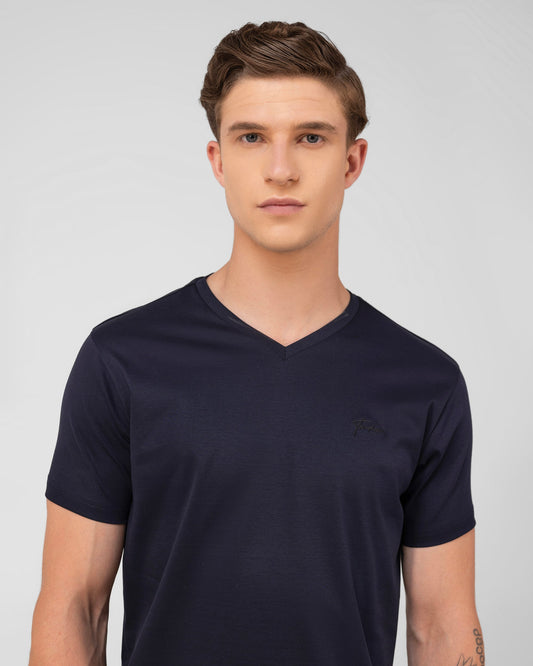 Mercerised Cotton V Neck T Shirt Interlock Regular Fit Navy