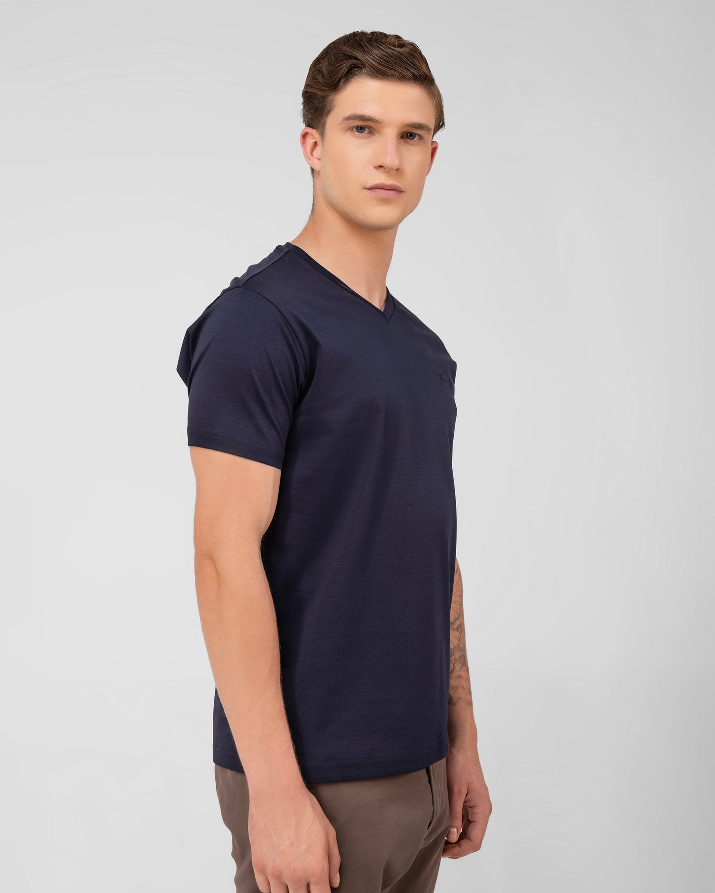 Mercerised Cotton V Neck T Shirt Interlock Regular Fit Navy