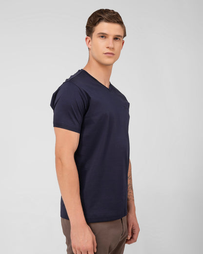 Mercerised Cotton V Neck T Shirt Interlock Regular Fit Navy