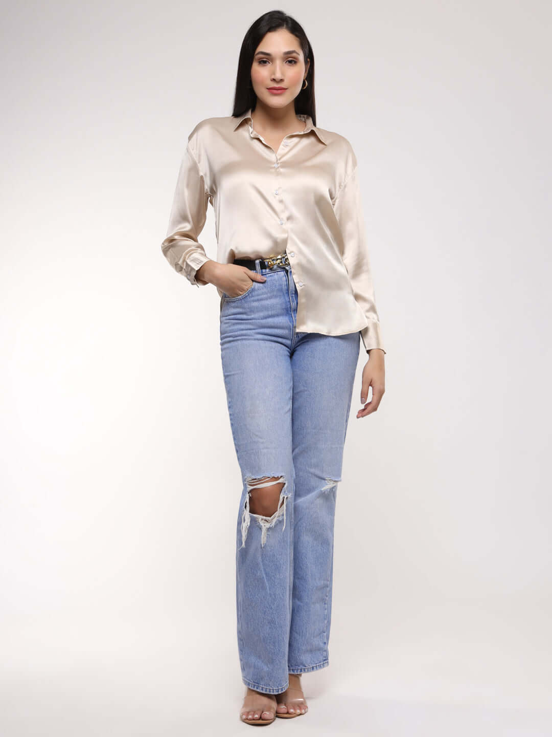 Champagne Drop Shoulder Oversized Summer Satin Shirt