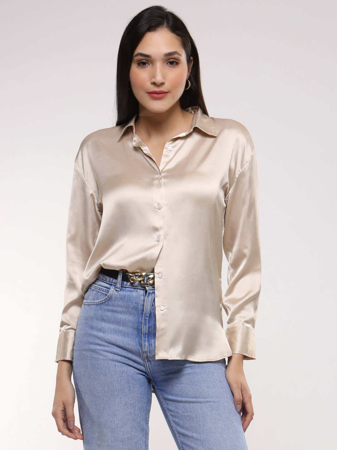 Champagne Drop Shoulder Oversized Summer Satin Shirt