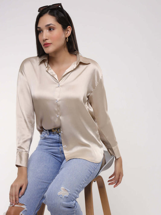 Champagne Drop Shoulder Oversized Summer Satin Shirt
