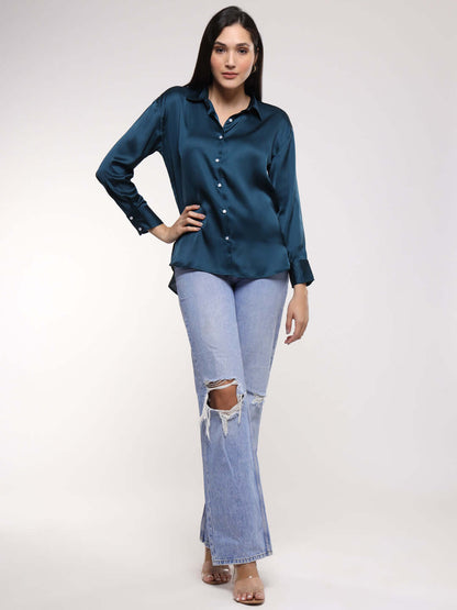 Deep Teal  Drop Shoulder Oversized Summer Satin Shirt