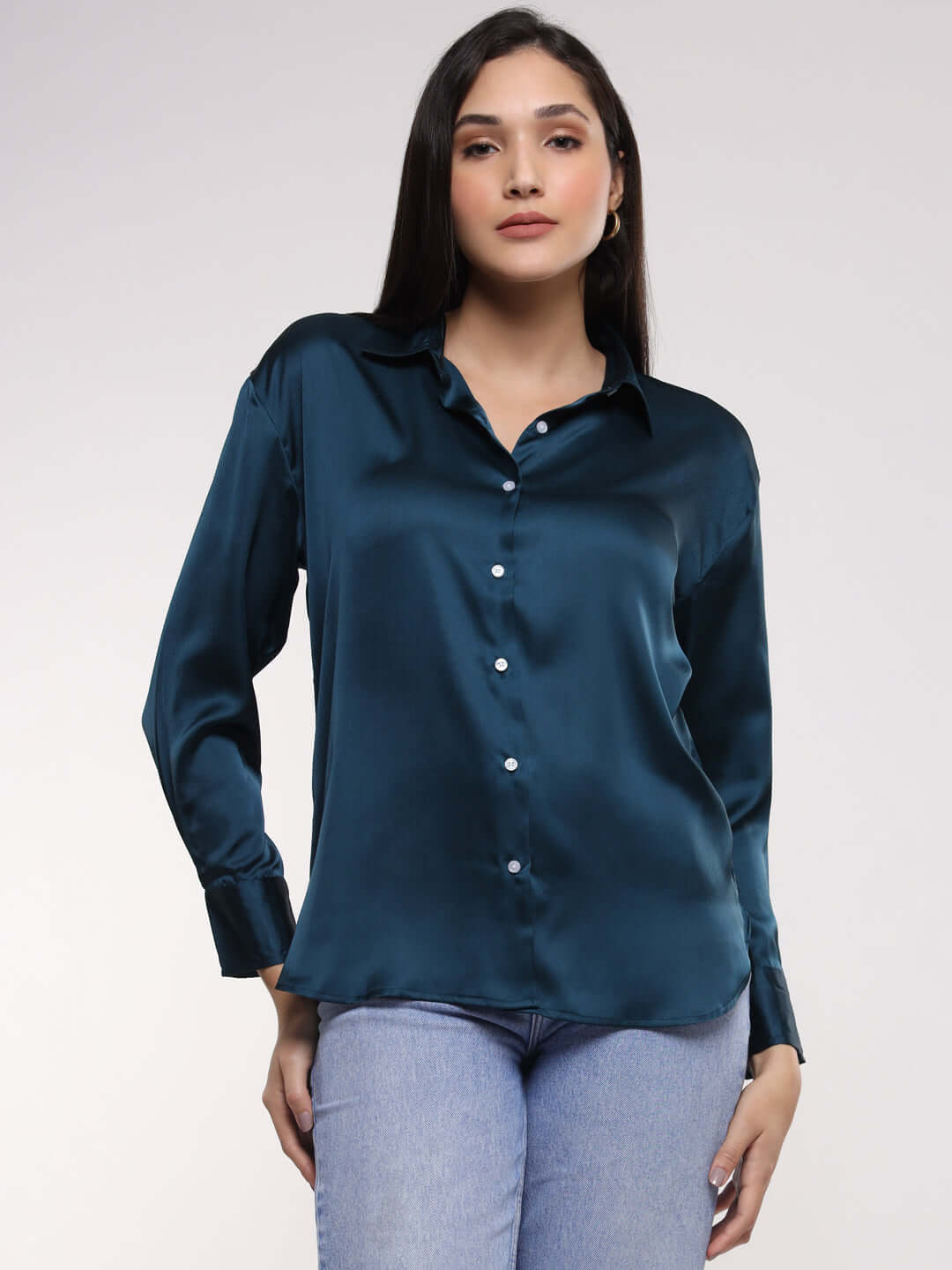 Deep Teal  Drop Shoulder Oversized Summer Satin Shirt