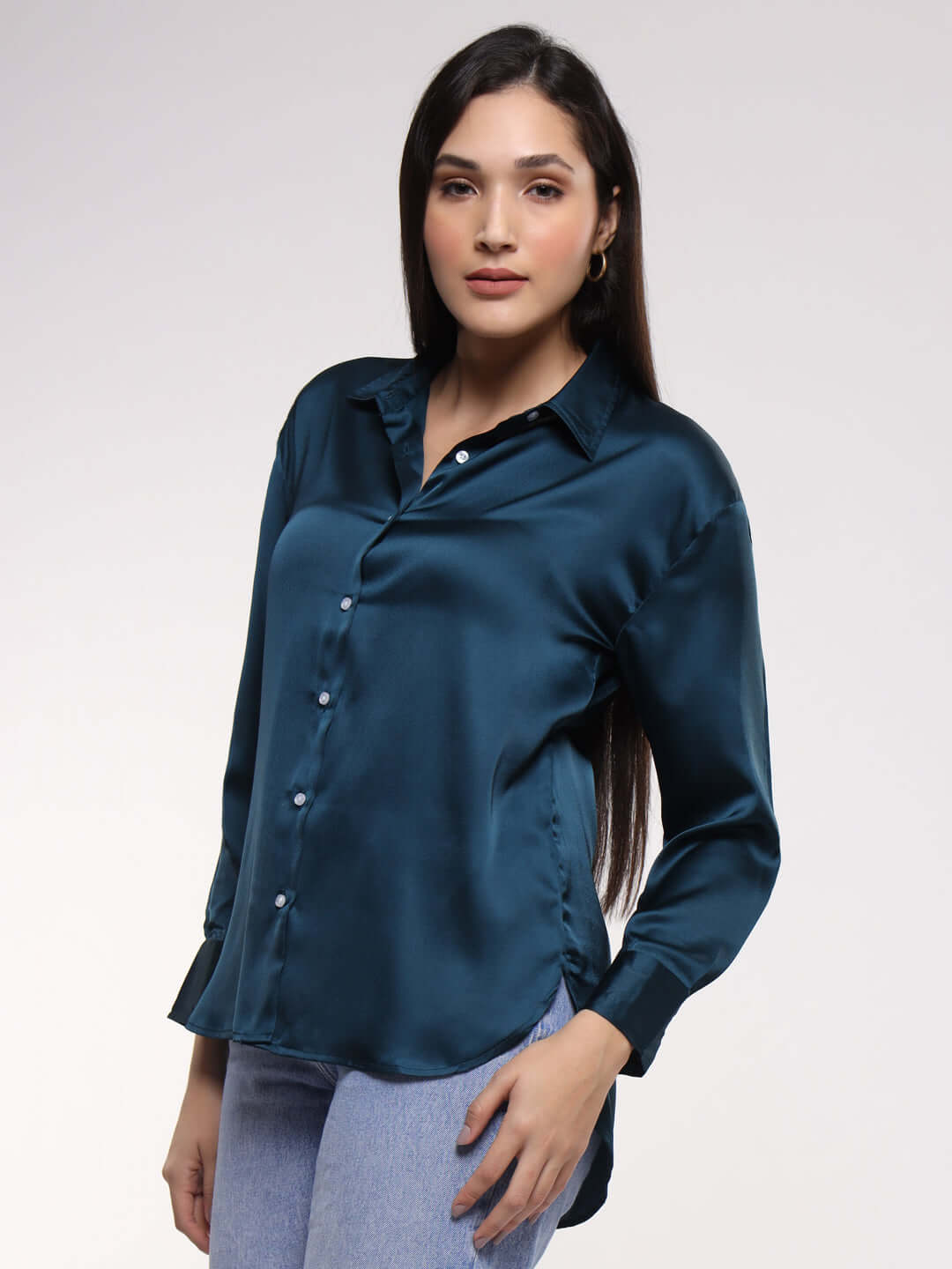 Deep Teal  Drop Shoulder Oversized Summer Satin Shirt