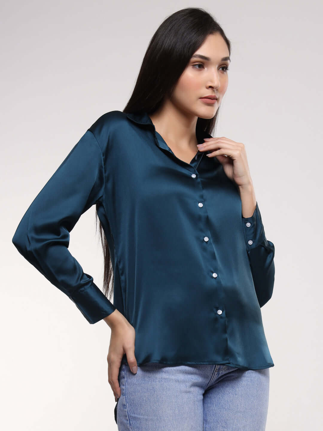 Deep Teal  Drop Shoulder Oversized Summer Satin Shirt