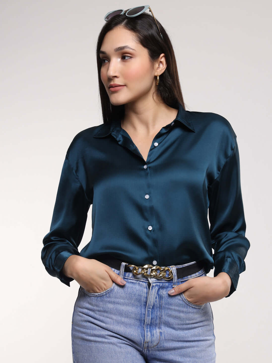 Deep Teal  Drop Shoulder Oversized Summer Satin Shirt