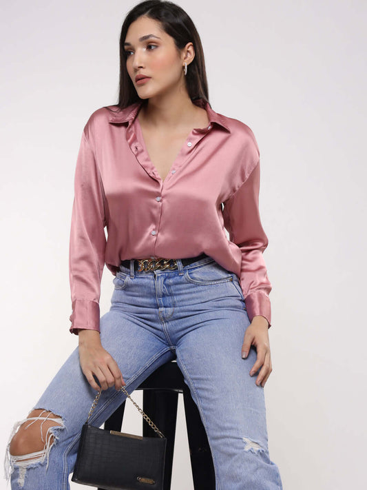 Blush Pink Drop Shoulder Oversized Summer Satin Shirt