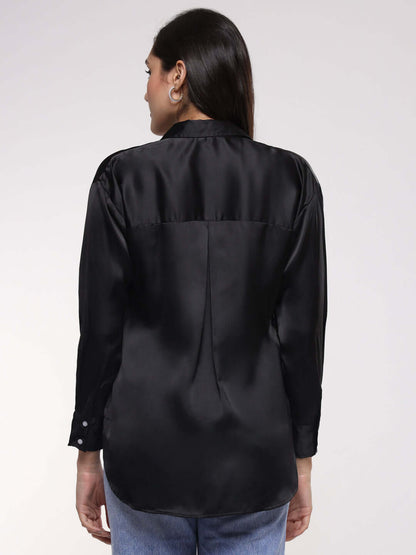 Black Drop Shoulder Oversized Summer Satin Shirt