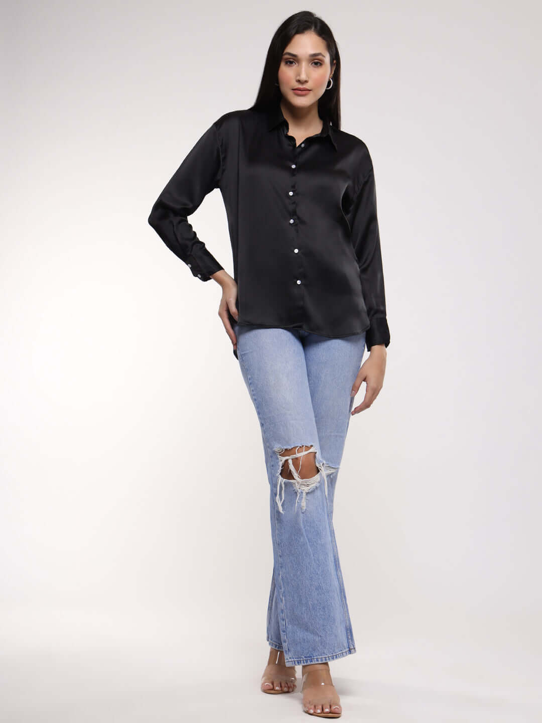 Black Drop Shoulder Oversized Summer Satin Shirt