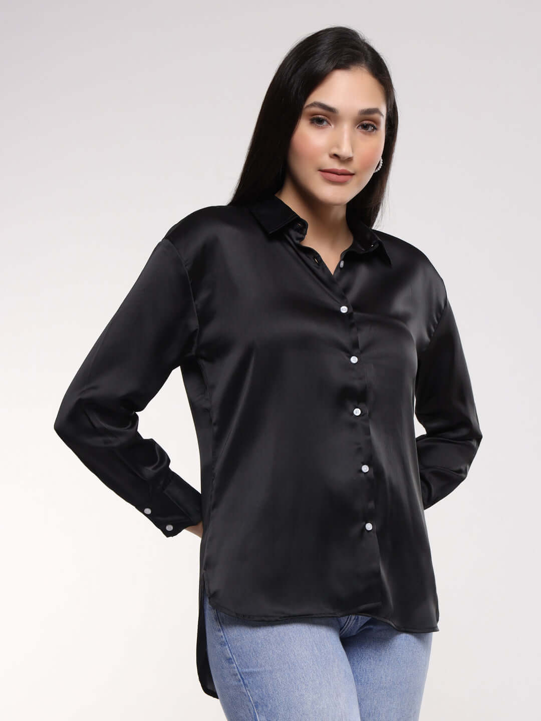 Black Drop Shoulder Oversized Summer Satin Shirt