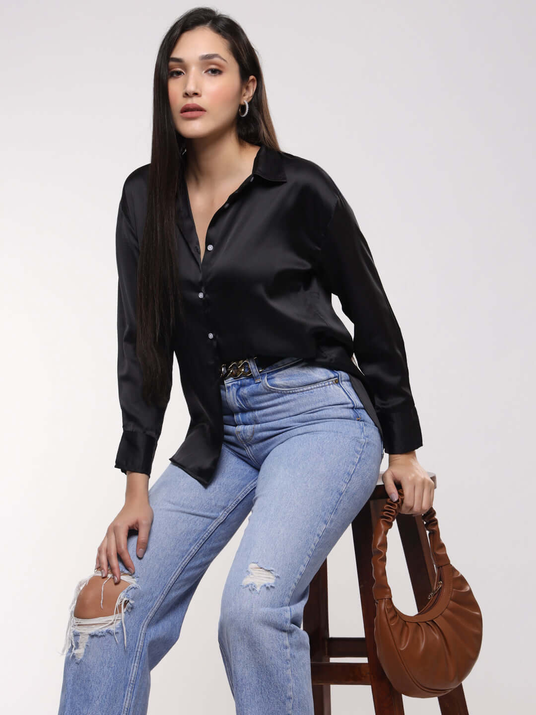 Black Drop Shoulder Oversized Summer Satin Shirt
