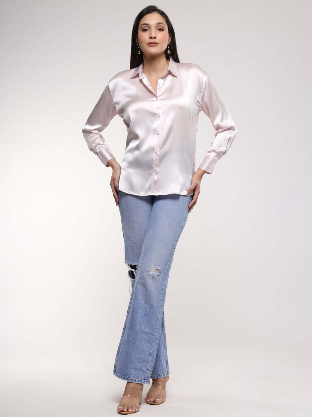 Baby Pink Drop Shoulder Oversized Summer Satin Shirt