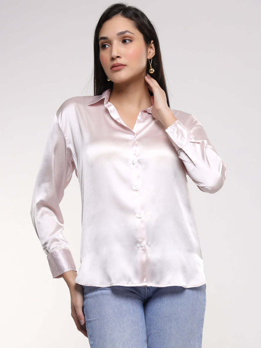 Baby Pink Drop Shoulder Oversized Summer Satin Shirt