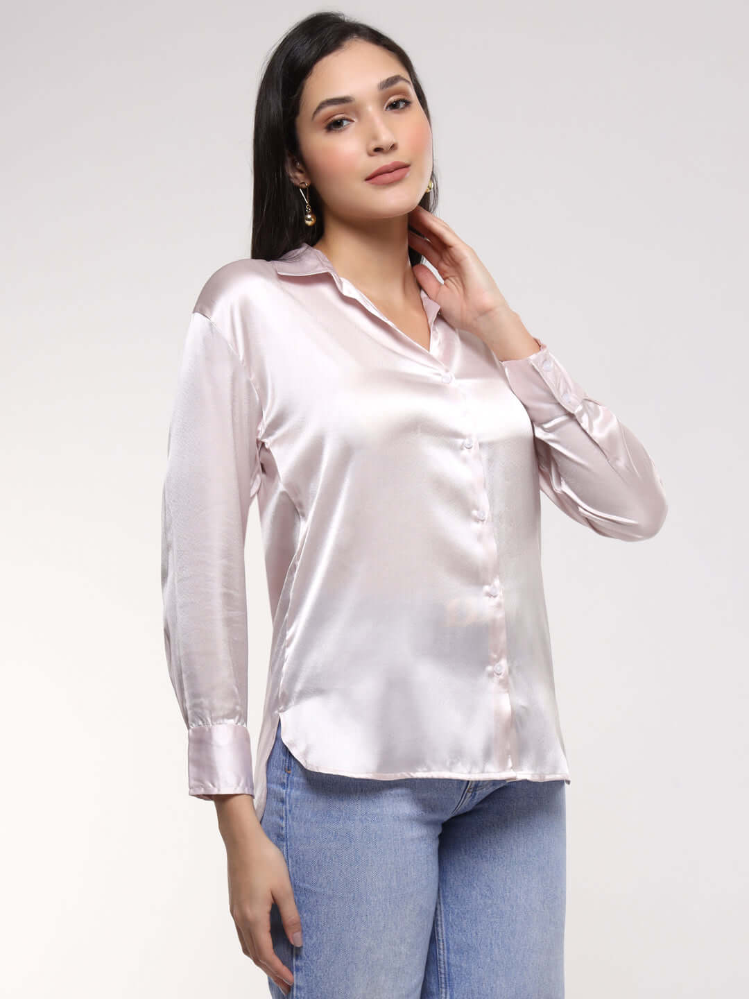 Baby Pink Drop Shoulder Oversized Summer Satin Shirt
