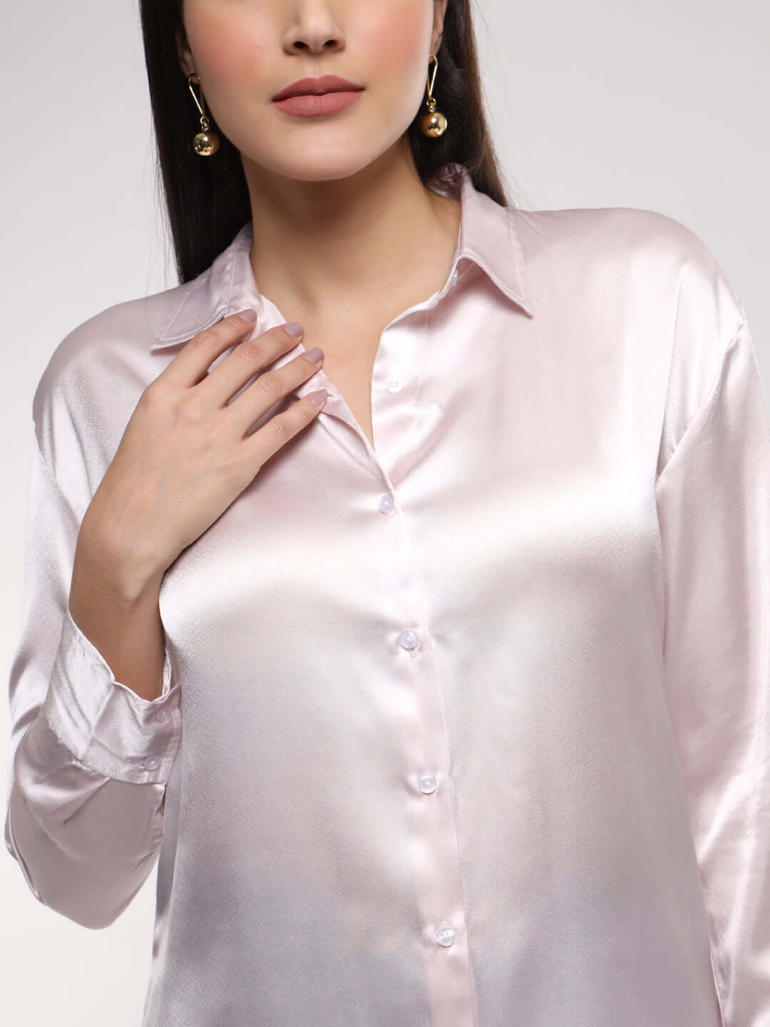 Baby Pink Drop Shoulder Oversized Summer Satin Shirt