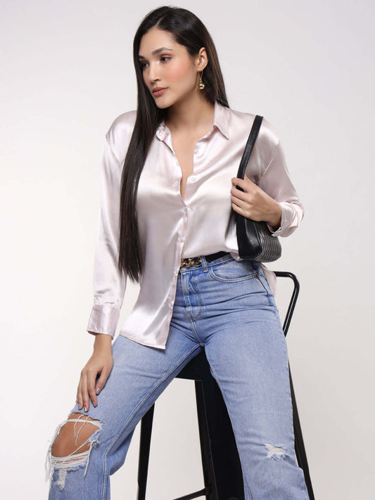 Baby Pink Drop Shoulder Oversized Summer Satin Shirt
