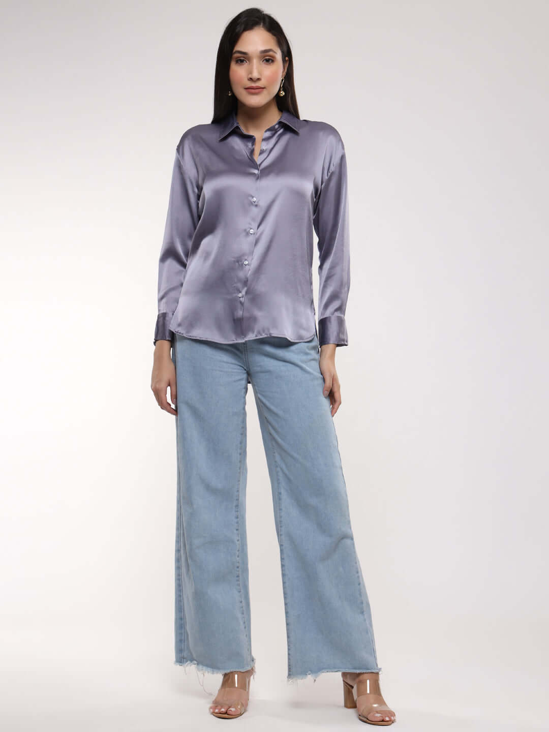 Bluish Grey Drop Shoulder Oversized Summer Satin Shirt