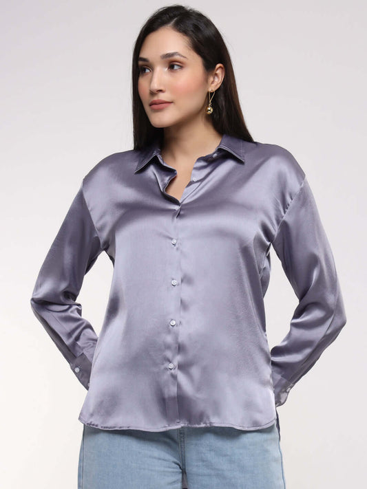 Bluish Grey Drop Shoulder Oversized Summer Satin Shirt