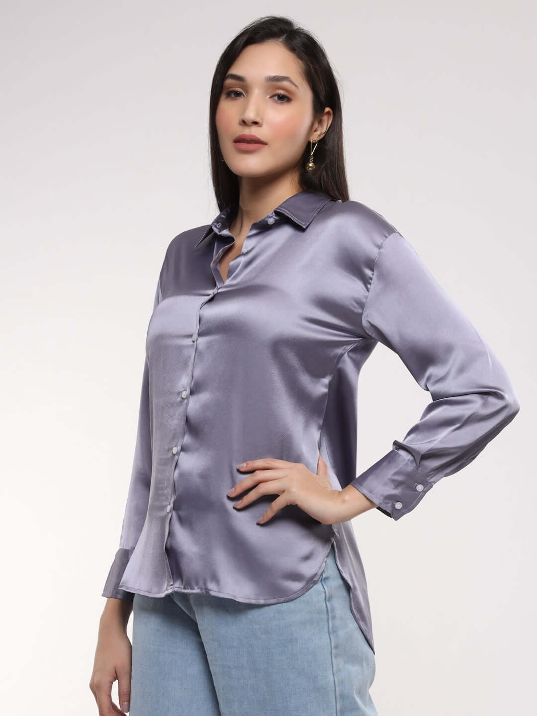 Bluish Grey Drop Shoulder Oversized Summer Satin Shirt
