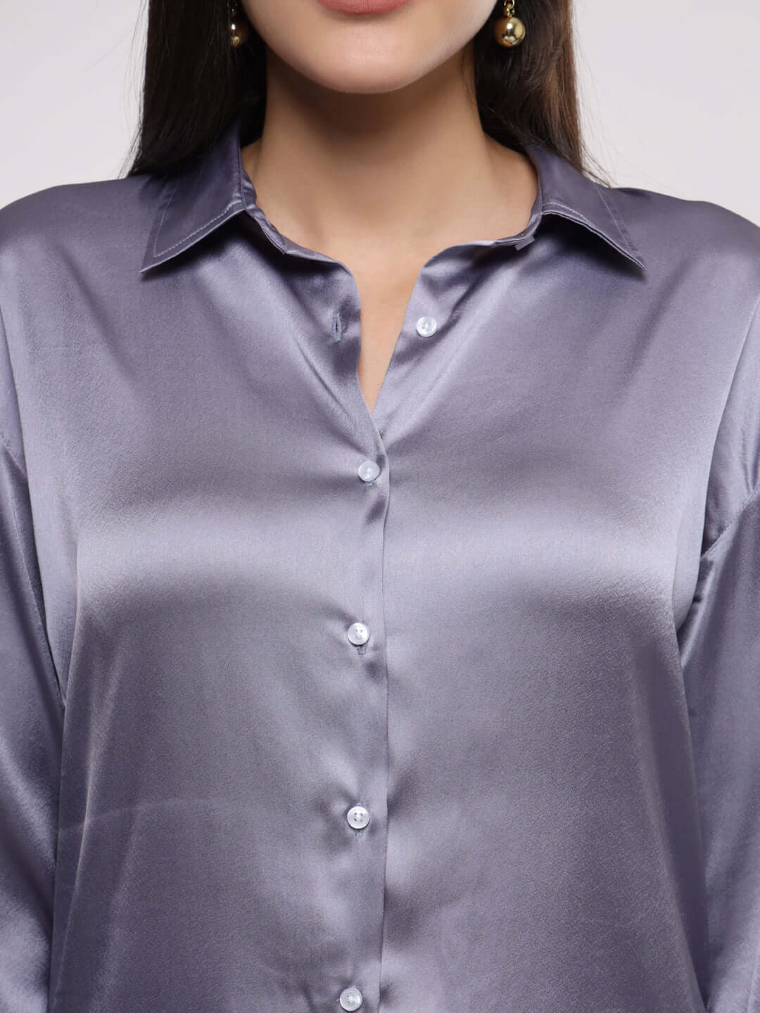 Bluish Grey Drop Shoulder Oversized Summer Satin Shirt