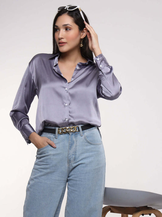 Bluish Grey Drop Shoulder Oversized Summer Satin Shirt