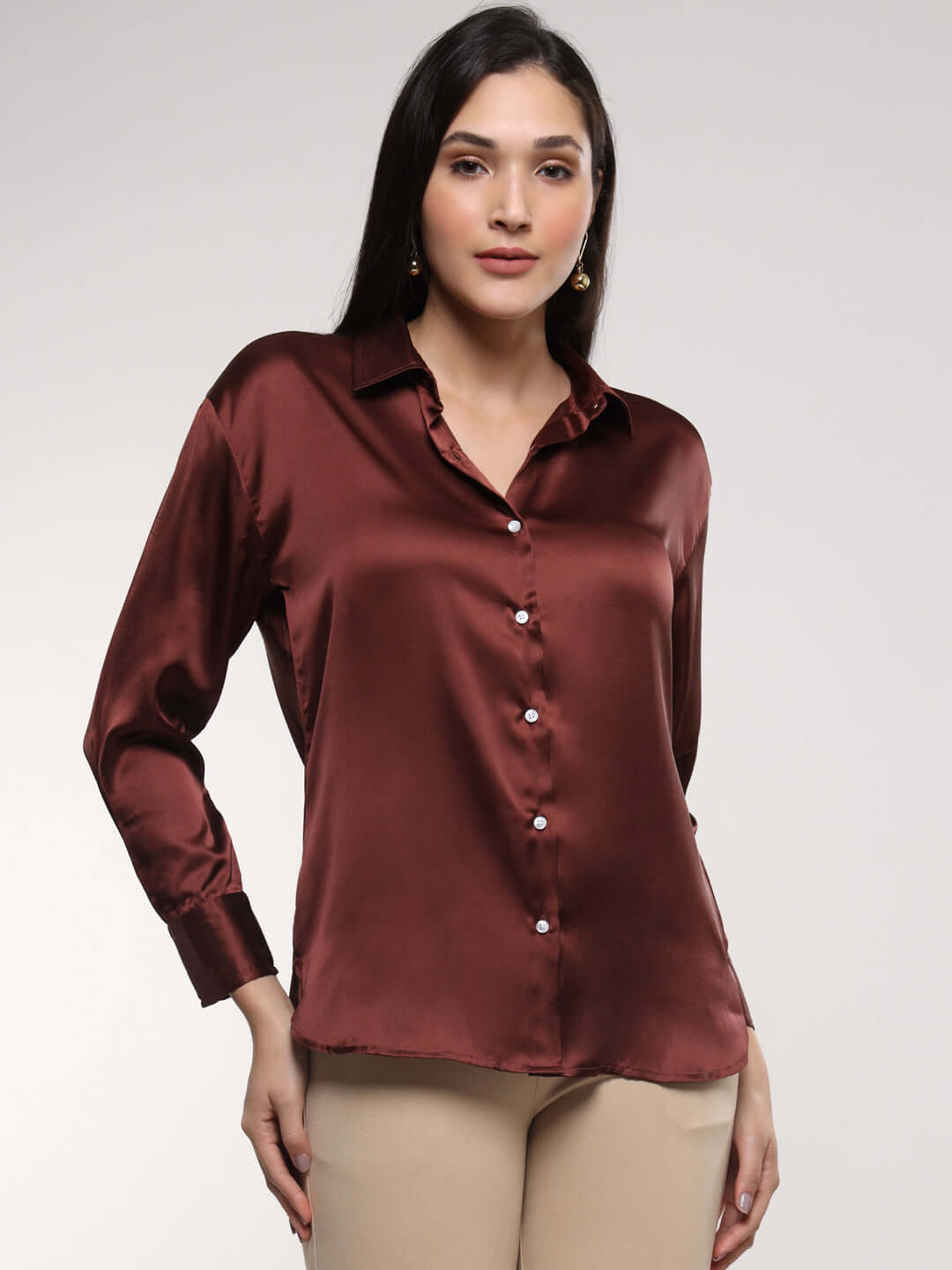 Chocolate Brown Drop Shoulder Oversized Summer Satin Shirt