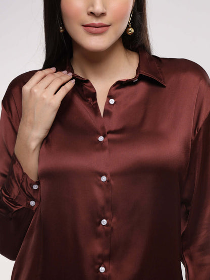 Chocolate Brown Drop Shoulder Oversized Summer Satin Shirt