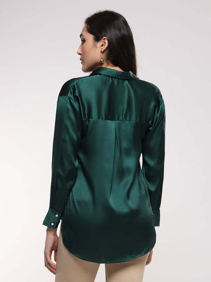Emerald Green Drop Shoulder Oversized Summer Satin Shirt