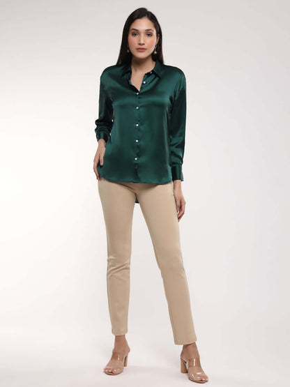 Emerald Green Drop Shoulder Oversized Summer Satin Shirt