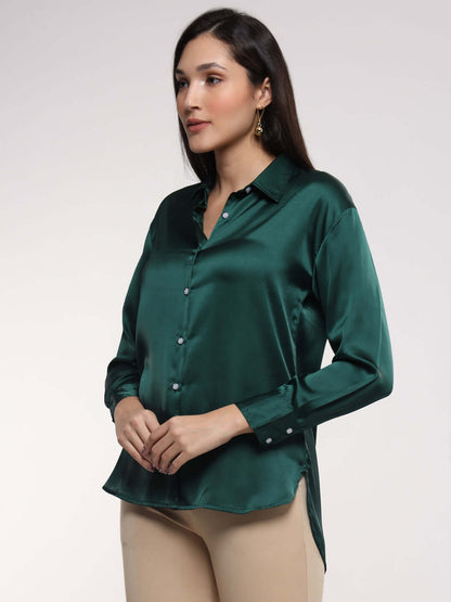 Emerald Green Drop Shoulder Oversized Summer Satin Shirt