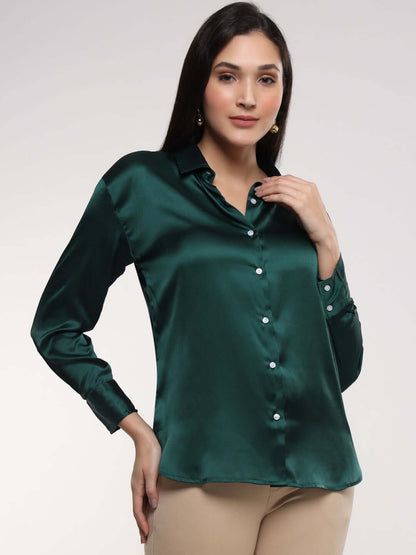 Emerald Green Drop Shoulder Oversized Summer Satin Shirt