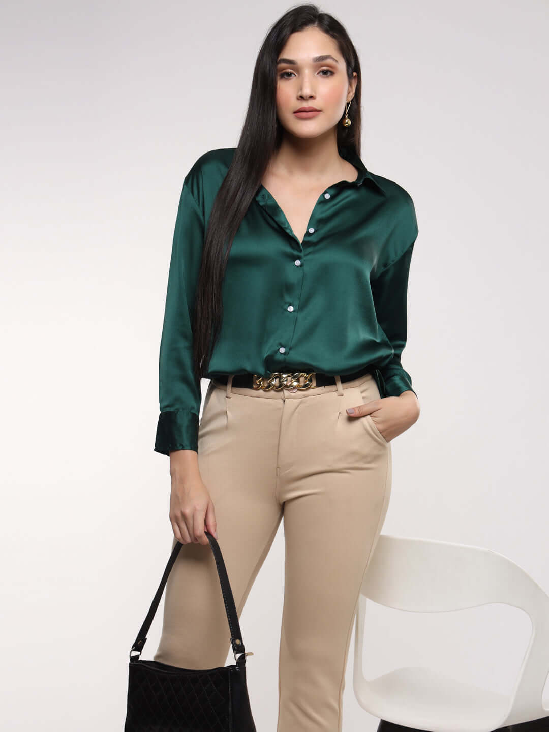 Emerald Green Drop Shoulder Oversized Summer Satin Shirt
