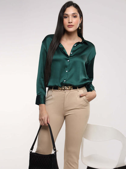 Emerald Green Drop Shoulder Oversized Summer Satin Shirt