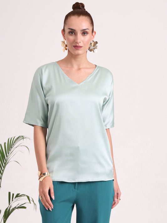 Women's  European Satin-Finish, V-Neck Top