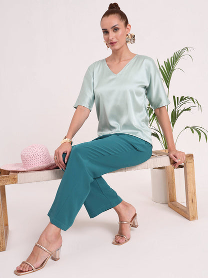 Women's  European Satin-Finish, V-Neck Top