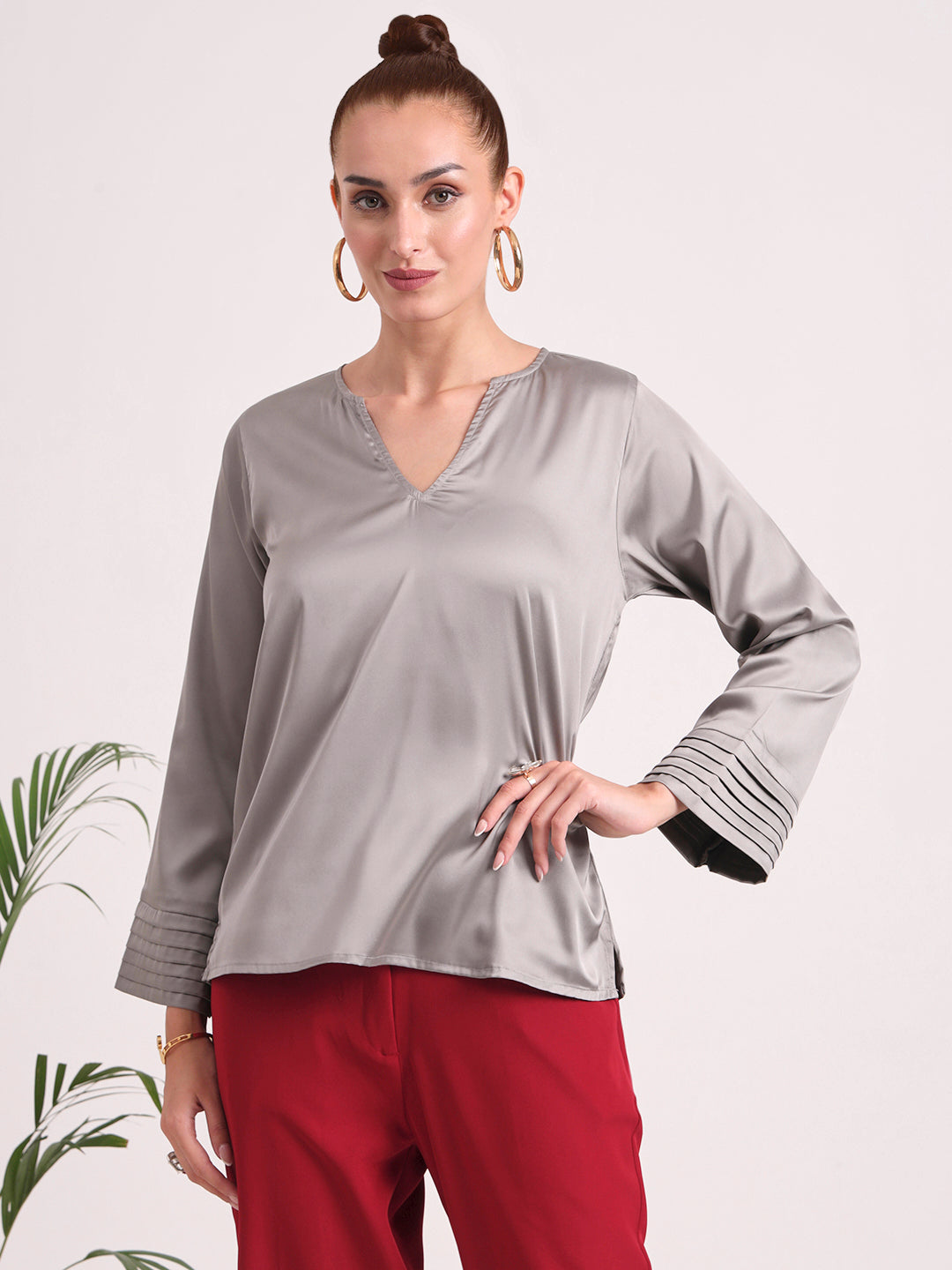 Women's European Satin V Neck Long Sleeve Top